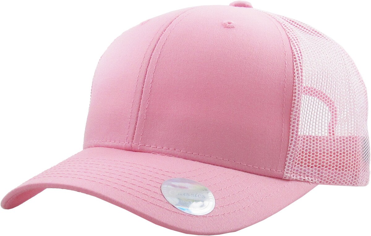 Pink Classic 6 Panel Trucker Mesh Snapback Front Side View